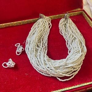 Multi-Strand White Beaded Necklace with Matching Earrings